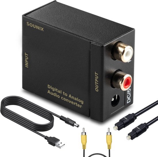 Sounix Digitaal naar Analoog audioconverter - 192 kHz Audio Adapter voor Toslink naar RCA R/L - met Optische Kabel en Voedings Kabel - zwart