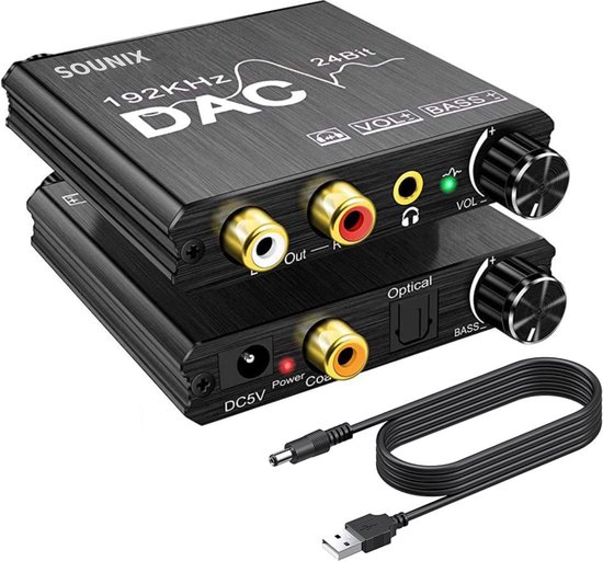Sounix Digitaal naar Analoog Audioconverter 192KHz - Digital SPDIF/Optical/Toslink/Coaxial to Analog Stereo L/R RCA and 3.5mm Jack Converter-USB00117