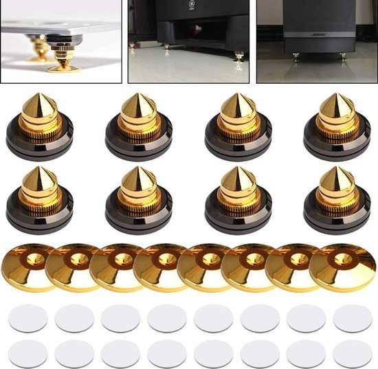 SPHProducts - Vergulde Luidspreker Spikes - Geluid isolatie - 8 Set - Massief Messing - Schokbestendige Matten - Geschikt voor Luidsprekers en Audioco van Merkloos