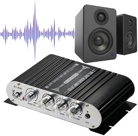 ST-838 Mini HiFi-Versterker - Auto-Audiosysteem - 2.1-Kanaals Versterker/Ontvanger - Subwoofer Audioversterker - Compatibel met Meerdere Media-apparaten