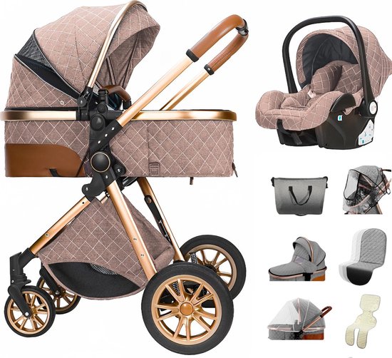 Stellar Luxe Multifunctionele 3-in-1 Combi Kinderwagen – Kwalitatieve Buggy - Kinderwagen 3 In 1 – Opklapbare Wandelwagen - Wandelwagen – Khaki – Incl. Autostoel van Stellar