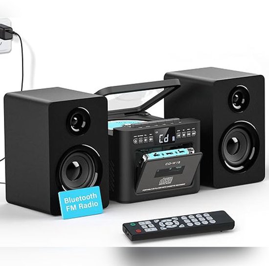 Stereo-installatie 40W met CD-speler & Cassetterecorder – 9-in-1 HiFi Muziekinstallatie met Bluetooth 5.1, FM-radio, USB, TF & Afneembare Houten Luidsprekers | Zwart van Merkloos