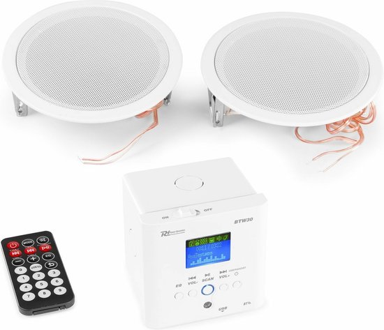 Stereo versterker - Power Dynamics BTW30SET inbouw versterker met Bluetooth, 2x plafond speaker en afstandsbediening - 30W van Power Dynamics