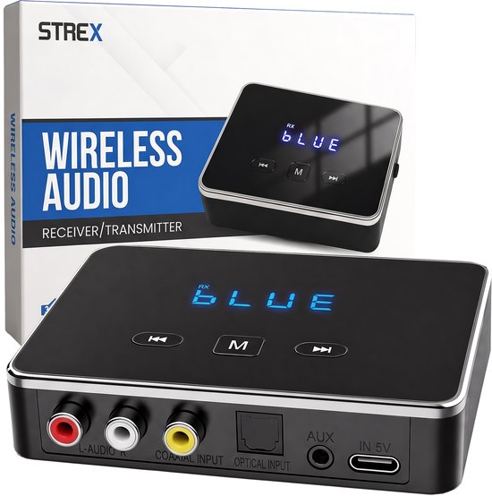 Strex Bluetooth Transmitter en Receiver 3 in 1 Adapter - Bluetooth Audio Zender en Ontvanger - Bluetooth 6.0 - AUX/RCA/Optisch - Draadloos - 15 meter bereik
