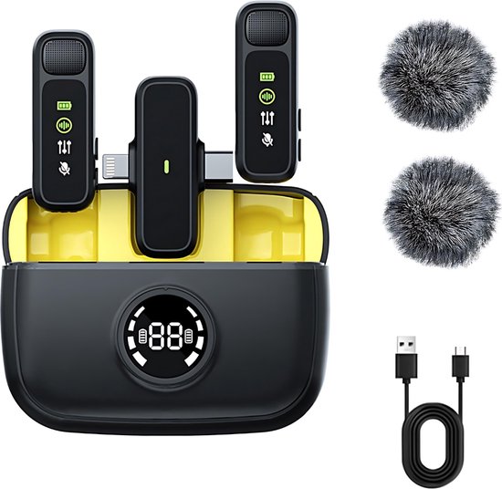 Strolox® Draadloze Microfoon - 2 Stuks - Oplaadcase - Lavalier - Windshields - Dasspeld - Lange Batterij - USB-C/Lightning - Plug & Play