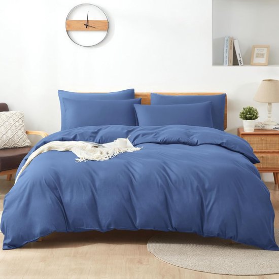 Sufdari Beddengoed 200 x 220 cm, katoen, blauw, 100% katoen, ademend dekbedovertrek, beddengoedset met 2 kussenslopen 80 x 80 cm + 1 dekbedovertrek met ritssluiting