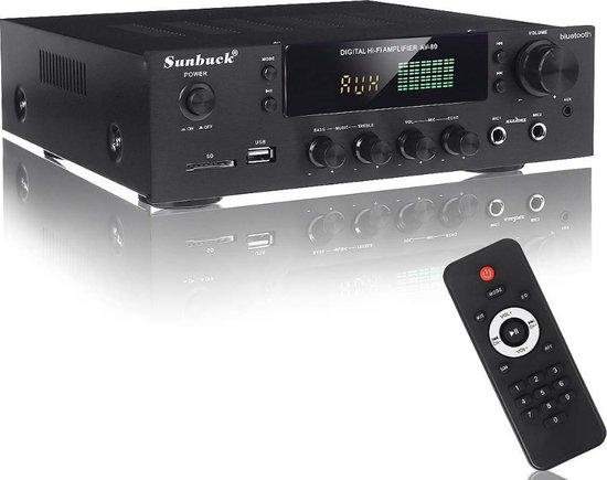 Sunbuck HiFi Versterker - SD/MP3/USB -  Hifi Bluetooth Eindversterker - 2x Mic - CD/DVD - AUX - Speaker output- Incl. Afstandsbediening - 25 x 25 x 7cm - Zwart