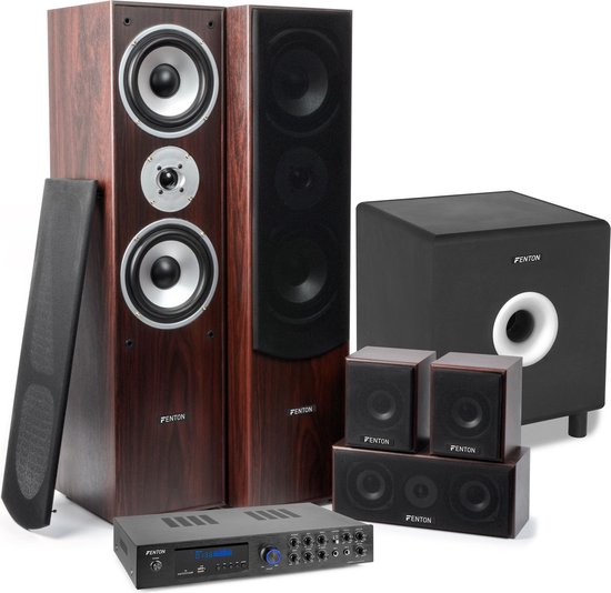 Surround set home cinema - Fenton AV550BT 5.1 versterker met walnoot speakers en actieve subwoofer van Fenton