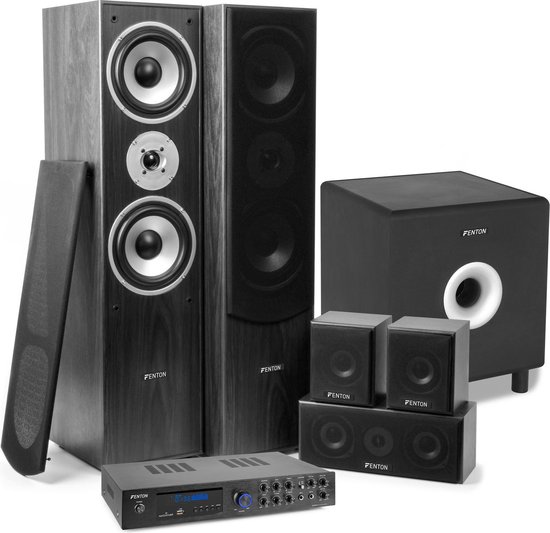 Surround set home cinema - Fenton AV550BT 5.1 versterker met zwarte speakers en actieve subwoofer van Fenton