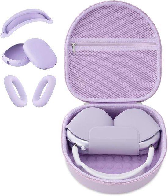 Tas compatibel met Apple Airpods Max-hoofdtelefoon, Eva harde hoes voor het opbergen van hoofdtelefoon voor reizen en buiten (paarse hoes en siliconen hoes)