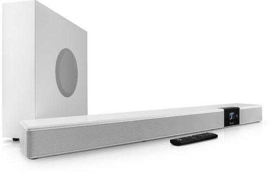 Teufel CINEBAR 22-5.1 Dolby Atmos-soundbar met draadloze, ruimtebesparende subwoofer, 8 luidsprekers, thuisbioscoopsysteem, HDMI 3D ARC CEC, 4K-doorvoer, touchscreen - wit van Merkloos