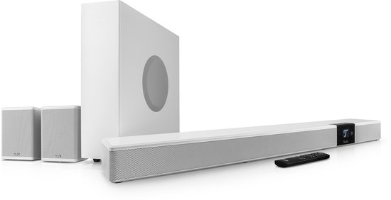 Teufel CINEBAR 22 Surround 7.1 Dolby Atmos-soundbar met draadloze ruimtebesparende subwoofer en sprekers, 8 luidsprekers, thuisbioscoopsysteem, HDMI 3D ARC CEC, 4K-doorvoer, touchscreen van Merkloos