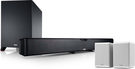 Teufel CINEBAR PRO Surround 4.1-Set - High end soundbar - Virtuele surround sound - 1 HDMI-uit - 4 x HDMI in - Draadloze XL subwoofer en actieve rearspeakers - Bluetooth - zwart / wit van Teufel