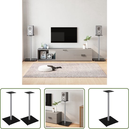 The Living Store Luidsprekerstandaards - Aluminium en Gehard Glas - 40x40x86 cm - Anti-slip - Zwart/Zilver van The Living Store