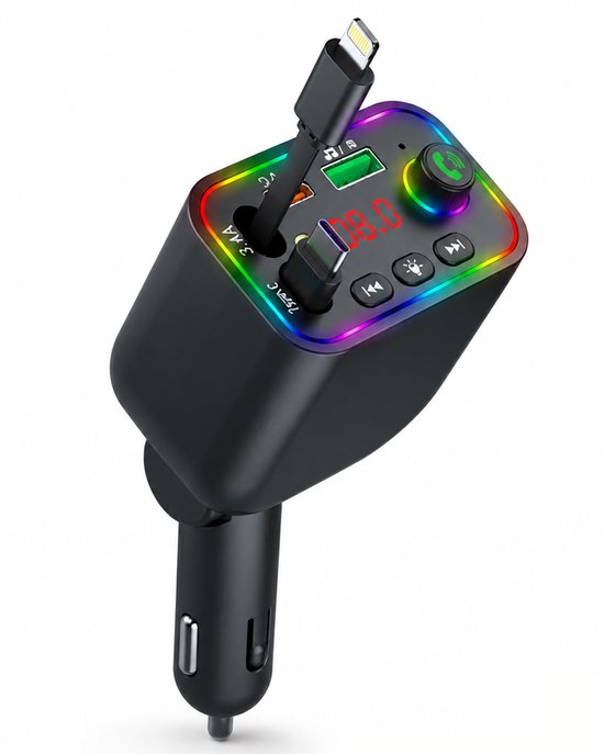 Transmiter Bluetooth-FM do samochodu, PD 3.0/PP/PPSQC 4.0+AFC – transmiter samochodowy z funkcją szybkiego ładowania Transmiter Bluetooth-FM do samochodu z dwoma chowanymi kablami, podświetleniem ambientowym RGB oraz funkcją szybkiego ładowania PD