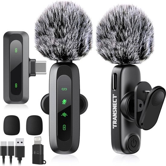 TRANSNECT - Draadloze Microfoon - 2 stuks - Microfoon Draadloos - Dasspeld Microfoon Draadloos - Microfoon Bluetooth - Lavalier Microfoon - USB-C & 8-pins ontvanger - Geschikt Voor Alle Telefoons