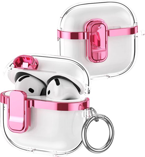 Transparant Hoesje voor AirPods 4 DDT Roze | Clear Schokbestendige TPU Beschermhoes met Karabijnhaak & Veilig Slot Ondersteunt Draadloos Opladen voor AirPods 4th 2024