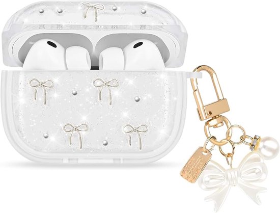 Transparante beschermhoes voor Airpods Pro 3, schattige esthetische glitter strikken patroon ontwerp met strik parel sleutelhanger voor meisjes en vrouwen zachte TPU schokbestendige hoes voor