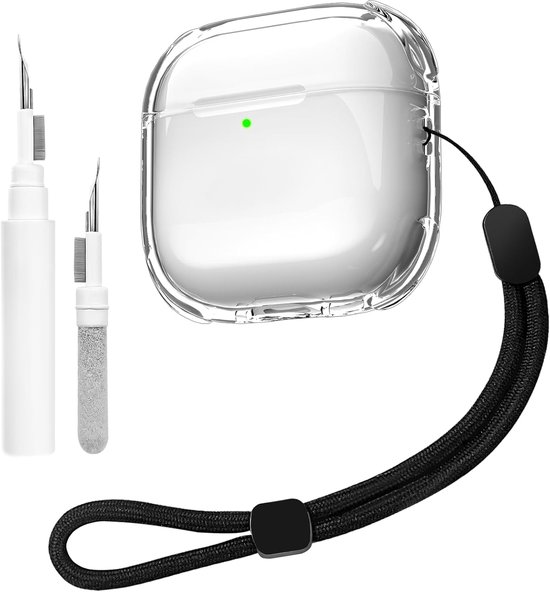 Transparante hoes compatibel met Airpods 4 met reinigingsset, zachte TPU-beschermhoes compatibel met AirPods 4 Generatie, met handriem, ondersteuning voor draadloos opladen, schokbestendig