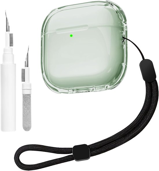 Transparante hoes compatibel met Airpods 4 met reinigingsset,zachte TPU-beschermhoes compatibel met Airpods 4 Generatie,met handriem, ondersteuning voor draadloos opladen,schokbestendig(Groen)