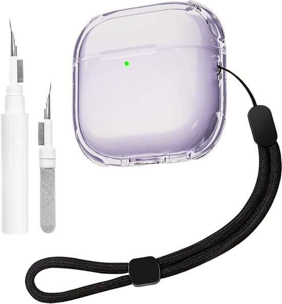 Transparante hoes compatibel met Airpods 4 met reinigingsset,zachte TPU-beschermhoes compatibel met Airpods 4 Generatie,met handriem, ondersteuning voor draadloos opladen,schokbestendig(Paars)