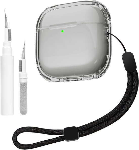 Transparante hoes compatibel met Airpods 4 met reinigingsset,zachte TPU-beschermhoes compatibel met Airpods 4 Generatie,met handriem, ondersteuning voor draadloos opladen,schokbestendig(Zwart)