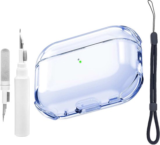 Transparante hoes compatibel met Airpods Pro 3e generatie met reinigingsset, beschermhoes compatibel met Airpods Pro 3 met polsband,ondersteuning voor draadloos opladen, schokbestendig(Blauw)