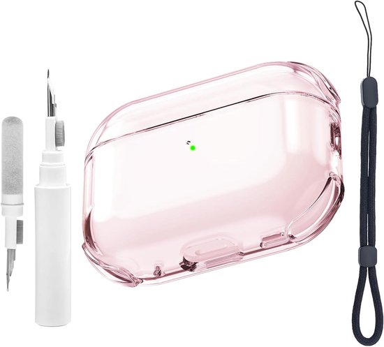 Transparante hoes compatibel met Airpods Pro 3e generatie met reinigingsset, beschermhoes compatibel met Airpods Pro 3 met polsband,ondersteuning voor draadloos opladen, schokbestendig(Roze)