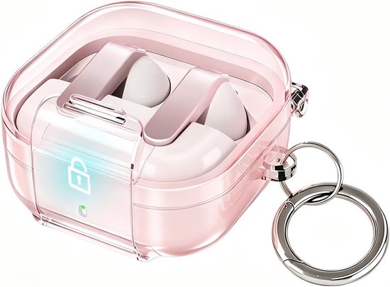 Transparante hoes compatibel met Samsung Galaxy Buds4 Pro/Galaxy Buds4 met veiligheidssluiting, Harde TPU-beschermhoes compatibel met Samsung Galaxy Buds4 Pro met karabijnhaak(roze)