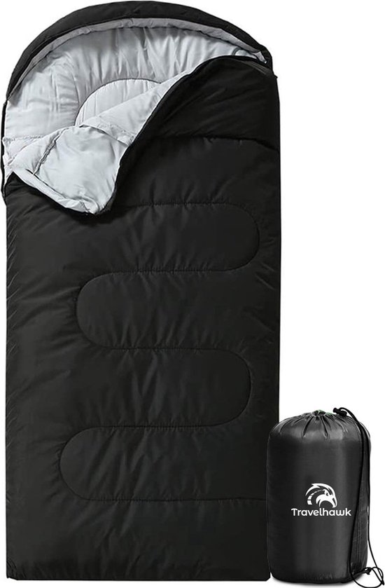 Travelhawk Slaapzak - Slaapzakken - Mummy Slaapzak - Slaapzakken Volwassen - Kamperen - Zwart - ca. 210 x 75 cm - Comfortzone: 10-20 graden - Draagtas van Travelhawk
