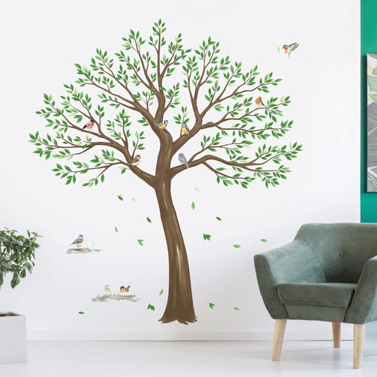 Tree Wall Stickers - Grote Groene Bladeren - Vogels - Peels en Sticks Wandstickers voor Woonkamer - Slaapkamer - TV Wand (H:160cm) van Merkloos