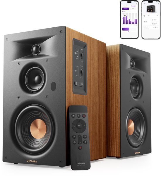 ULTIMEA 3-weg boekenplankluidsprekers met 5,25-inch woofer, 70W RMS, HDMI ARC, Bluetooth, Auracast, voor thuisbioscoop en platenspeler, Een paar, Bruin