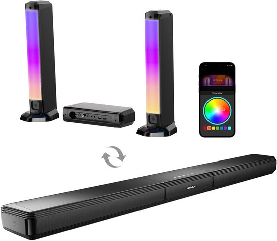 ULTIMEA 5.0-kanaals Soundbar met RGB-verlichting voor Home Cinema, Afneembare PC Soundbar met App-besturing, Geluidssysteem met Verstelbare EQ