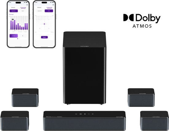 ULTIMEA 7.1-kanaals Dolby Atmos Soundbar, Draadloze Subwoofer & 4 Surround Speakers, Home Cinema Geluid met App-bediening, 500W Sound bar voor tv - Zwart van Ultimea