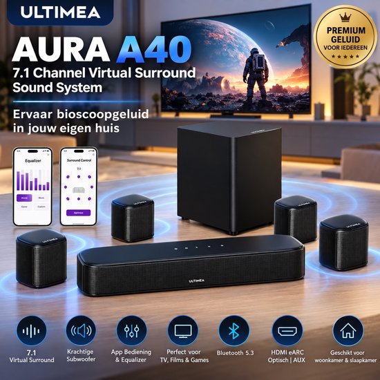 ULTIMEA AURA A40 7.1 Soundbar - Home Cinema Surround Sound Systeem met Subwoofer - Zwart
