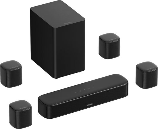 ULTIMEA Aura S4T 7.1-kanaals soundbar met 4 surroundluidsprekers, subwoofer, app-bediening, Bluetooth 6.0, HDMI/OPT/AUX, 350 W, Zwart van Merkloos