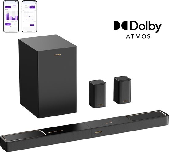 ULTIMEA Skywave F40 Boom: 5.1.2-kanaals Dolby Atmos soundbar met twee surround speakers en een 6,5 inch subwoofer. Ondersteunt HDMI eARC, Bluetooth 5.4 en bediening via een app. van Merkloos