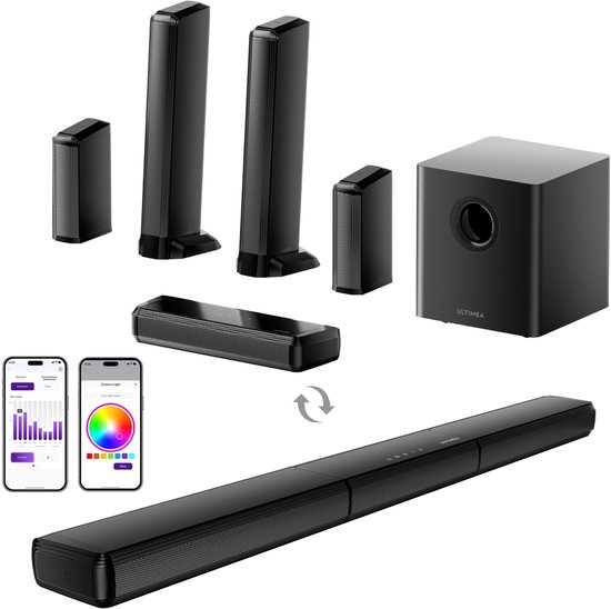 ULTIMEA Soundbar - 7.1 Surround Soundbar met RGB-verlichting, Draadloze Subwoofer & Afneembare Speakers - Smart App-besturing - Home Cinema & Gaming - Zwart van Ultimea