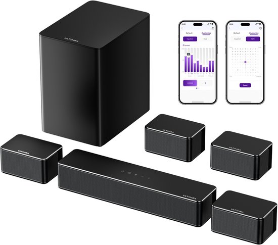ULTIMEA Soundbar met 6,5" draadloze subwoofer en 4 surroundspeakers, 7.1-kanaals surround sound, Smart app-bediening - Zwart van Merkloos