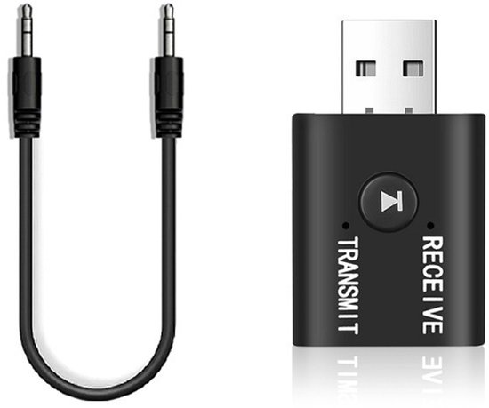 USB Bluetooth 5.0 Transmitter & Receiver - Draadloze Zender/Ontvanger met 3.5mm Jack AUX Kabel - Voor PC, TV, Speaker en Auto - zwart van Merkloos