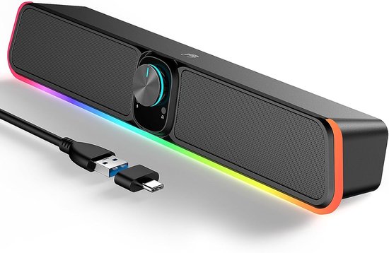 USB PC Soundbar met RGB Verlichting - Compacte Stereo Speaker voor Monitor, Laptop en Desktop