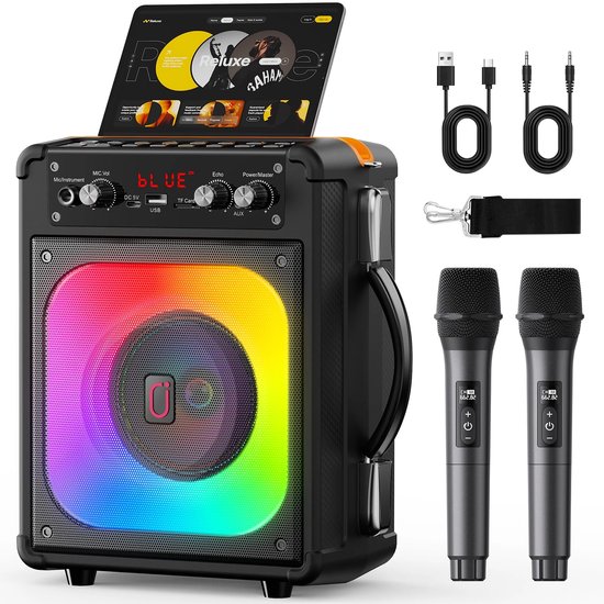 Velmio Karaoke Set - 2 Draadloze Microfoons - 500W - LichtFX & opnamefunctie - Verschillende aansluitingen - Karaoke set voor volwassenen