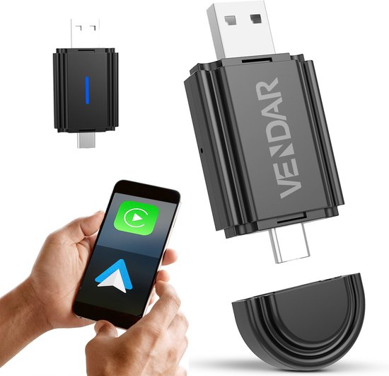 Vendar® Mini 2-in-1 Car Dongle - CarPlay Dongle - Android Auto Dongle - Draadloos CarPlay & Android Auto - Zwart van Vendar