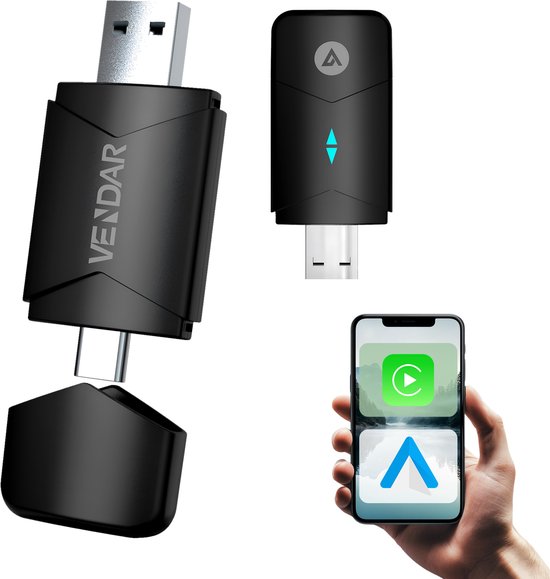 Vendar® PRO Mini 2-in-1 Car Dongle - CarPlay Dongle - Android Auto Dongle - Draadloos CarPlay & Android Auto - Zwart van Vendar