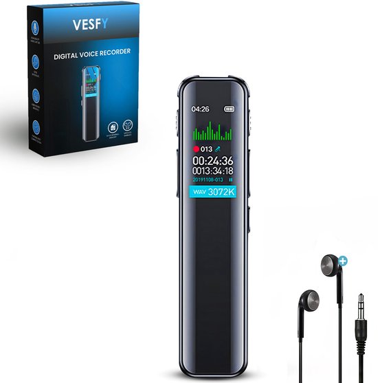 Vesfy Afluisterapparatuur met MP3 Speler - USB Oplaadbaar - 64GB - Incl. Oordopjes - Dictafoon - Voice Recorder - Spy