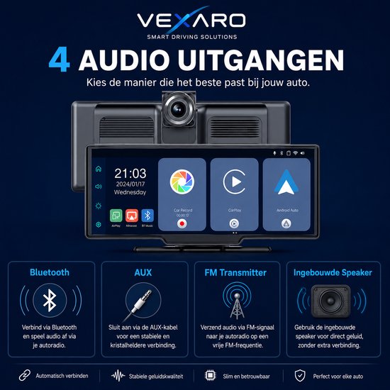 Vexaro Draagbaar Apple CarPlay & Android Auto Scherm - Met Ingebouwde Dashcam - 10,26 Inch On-Dash Navigatie - Bluetooth & FM