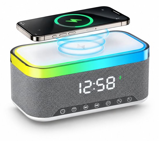 VHV - 5-in-1 Wireless LED Speaker - Draadloos - Bluetooth Speaker - 6 Ambient-lampen - Digitale klok, LED-display - Draadloze Muziek Box - Draadloze Oplader - Wireless charger - GSM Lader - voor iPhone/Android/iPad/Samsung van VHV