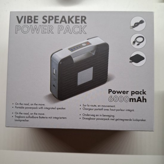 vibe powerbank 6000 mAh en design speaker in 1 incl usb kabel 3.5" minijack kabeltje en zakje om alles in te doen