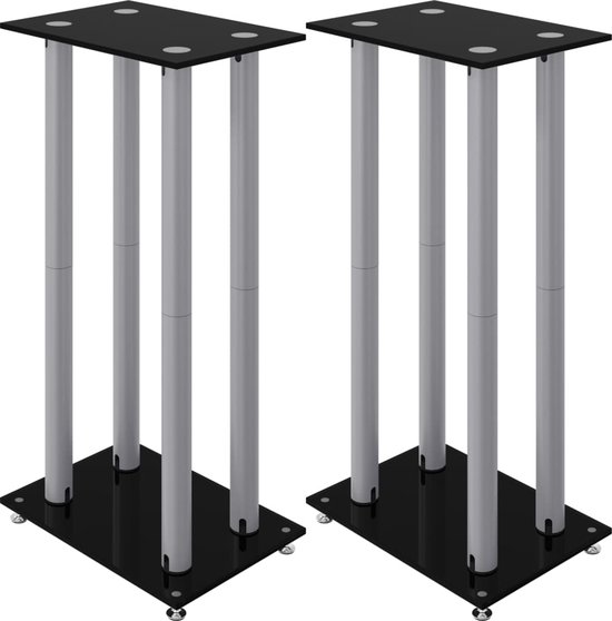 vidaXL - Luidsprekerstandaards - 2 - st - 4 - pijlers - gehard - glas - zwart - zilver van vidaXL