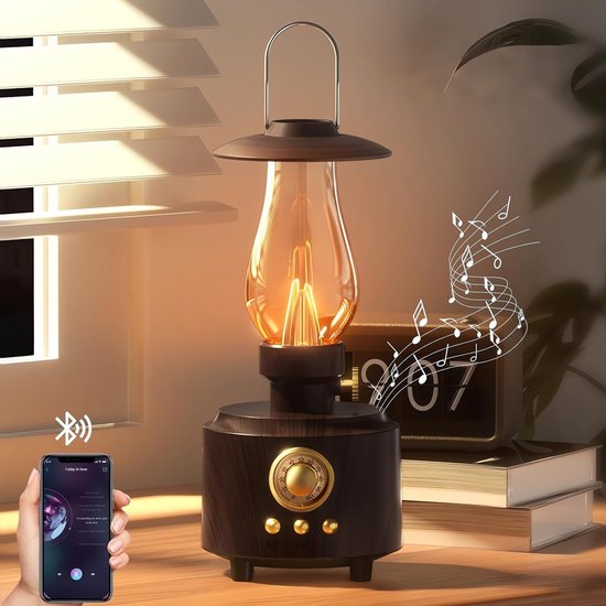 Vintage Petroleum Tafellamp met Bluetooth Luidspreker - Oneindig Dimbaar Oplaadbaar LED Licht voor Slaapkamer - IPX4 Waterdicht Nachtlampje voor Kamperen & Feest - Houtnerf - Woondecoratie Cadeau - 1 Stuk van Merkloos